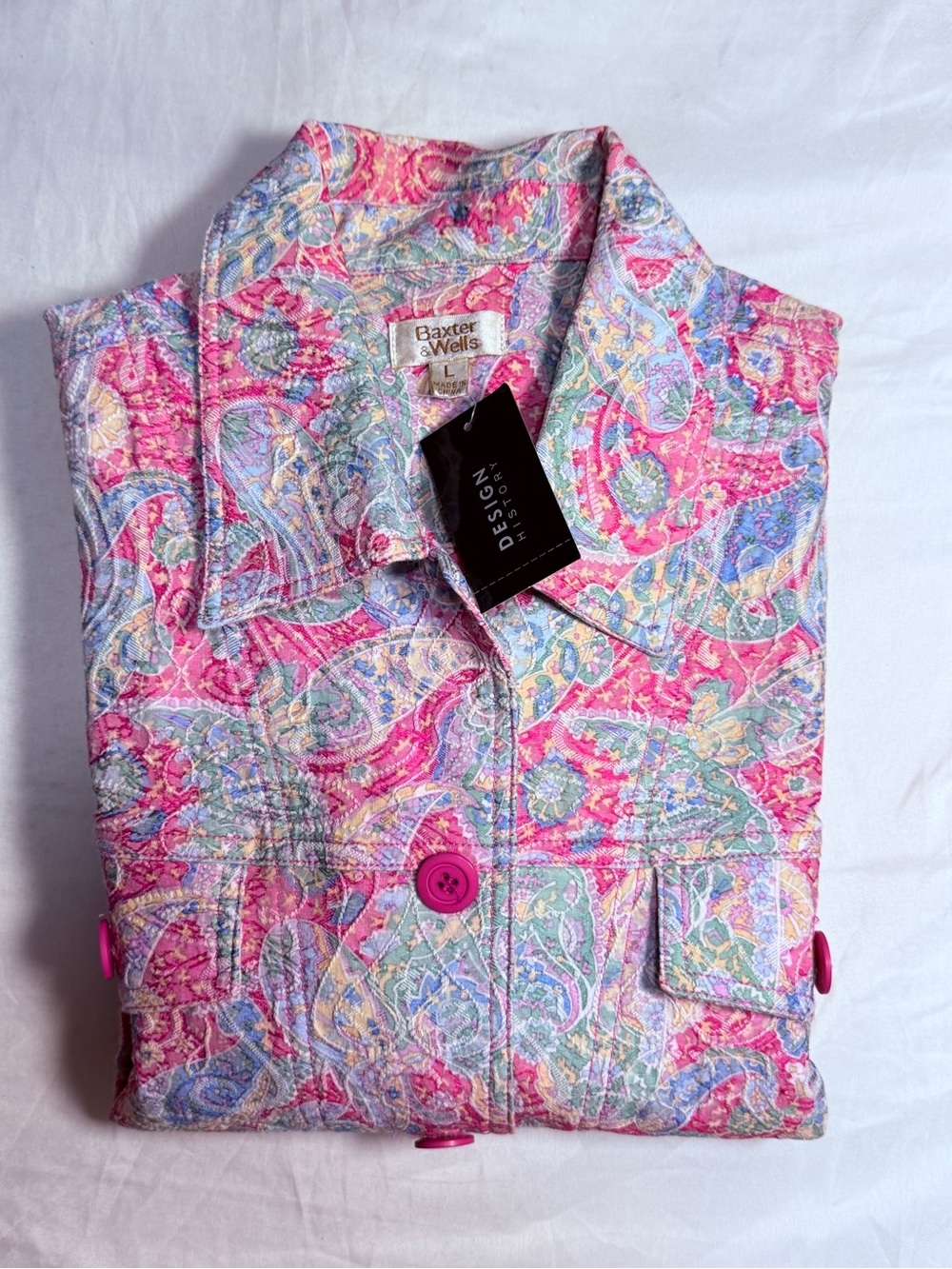 NWT Baxter & Wells Quilted Paisley Jacket Large Pink Blue Cotton Stretch